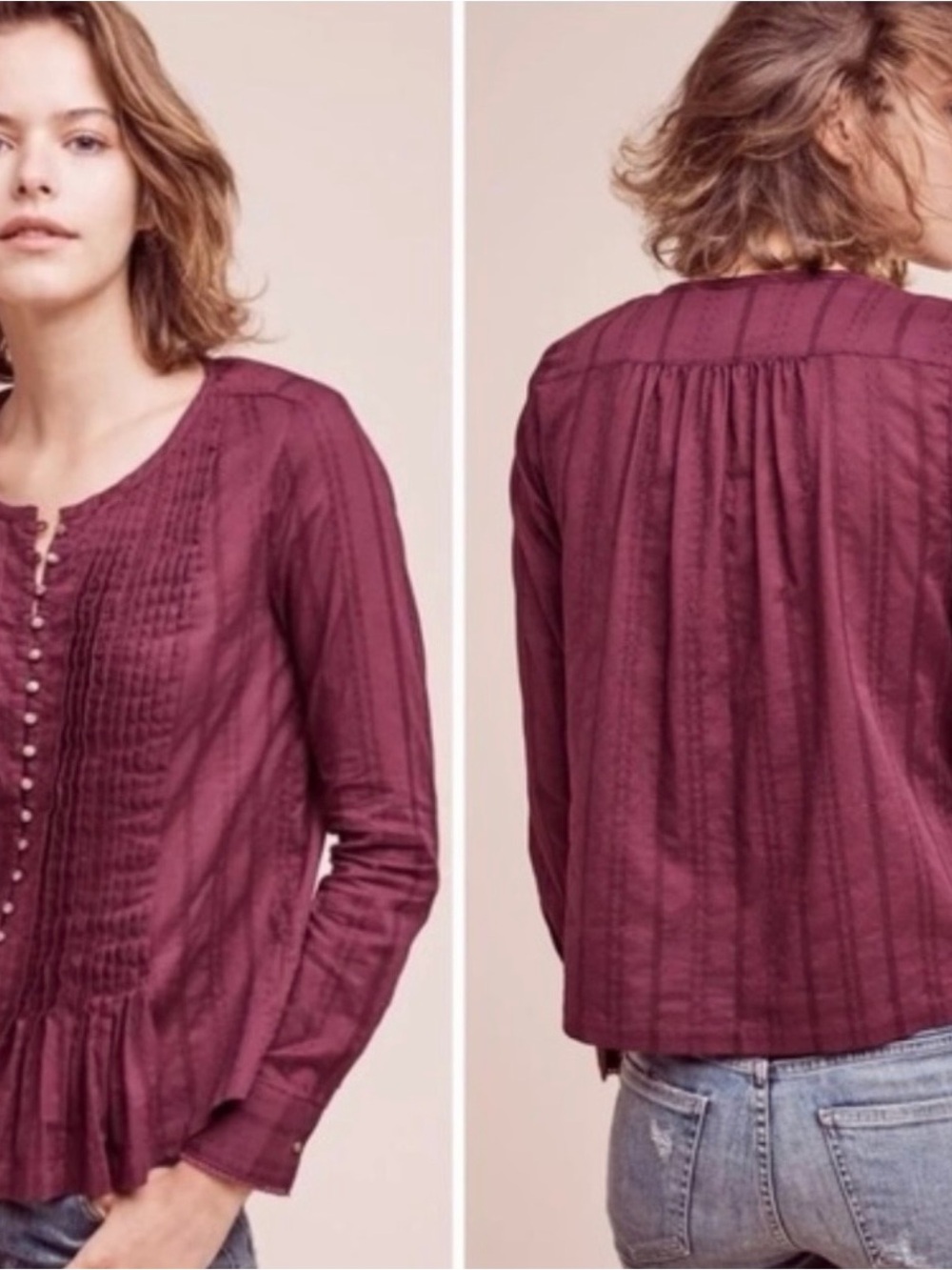 Maeve Gelise Pintuck Button-Front Peasant Blouse In Magenta Color